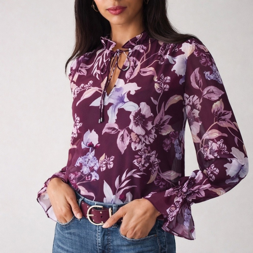White House Black Market Floral‎ Sheer Blouse Ruffle Tie Neck Boho XS Romantic